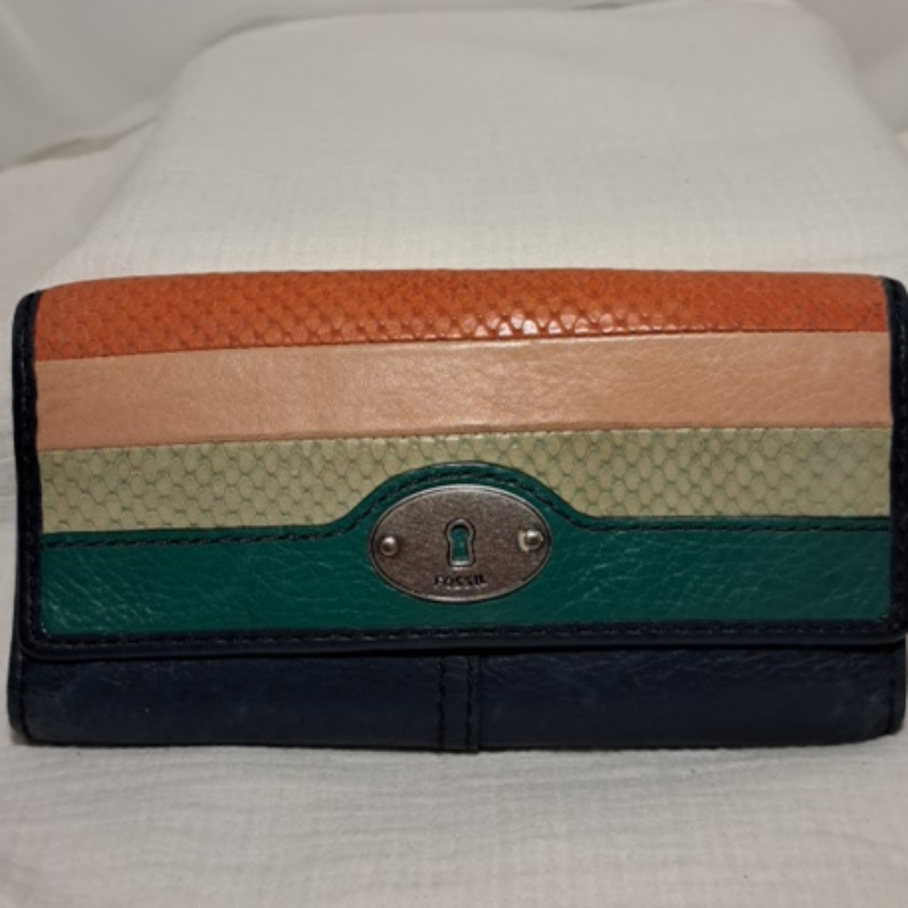 Fossil women's purse in navy blue and multicolored on the front.